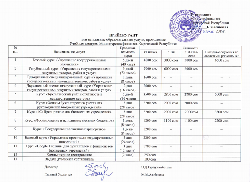12 июля 2019г. Министром финансов КР Жеенбаевой Б.Ж. утверждён новый Прейскурант цен на платные образовательные услуги